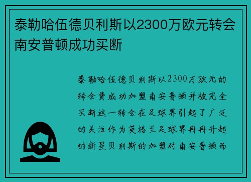 泰勒哈伍德贝利斯以2300万欧元转会南安普顿成功买断 泰勒哈伍德贝利斯以2300万欧元转会南安普顿成功买断